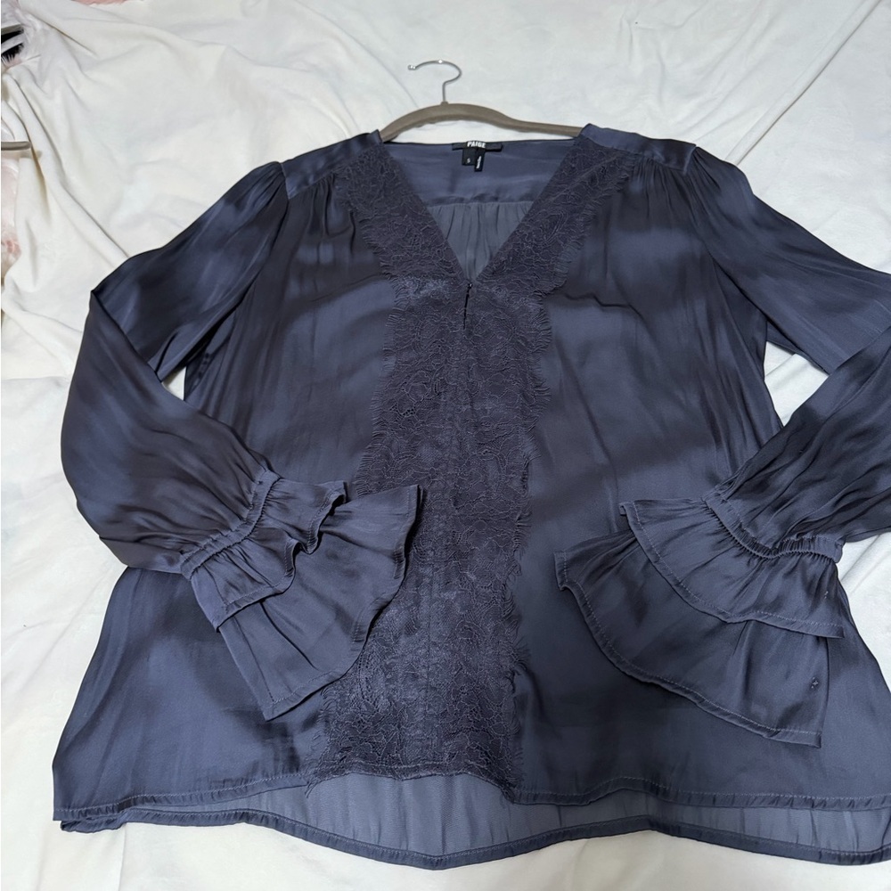 Paige Charcoal & Black Lace Trim Satin Blouse Women’s Small